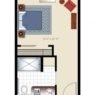A floor plan of a compact studio apartment with a combined bedroom and living area, and a separate bathroom.
