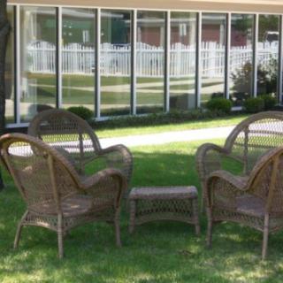 Outdoor wicker furniture set on a grassy lawn in front of large glass windows.