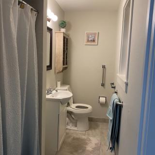 A small bathroom with a toilet, sink, and shower area.