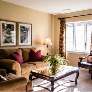 A cozy living room with a sofa, coffee table, and decorative elements.
