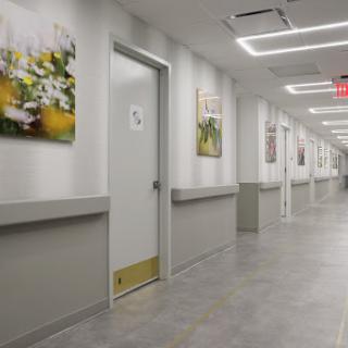 A well-lit corridor featuring white walls, modern artwork, and a door leading to another room.