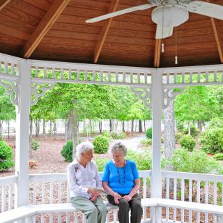 Two elderly individuals enjoying a conversation in a gazebo surrounded by lush greenery.