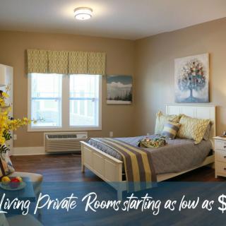 A cozy senior living private room with tasteful decor and comfortable furnishings.