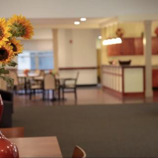 A cozy dining area with sunflowers in the foreground.