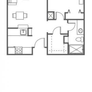 A simple floor plan of an apartment with designated areas for a kitchen, living room, bedroom, and bathroom.