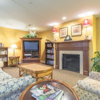 A cozy living room featuring a fireplace and a bookshelf, perfect for relaxation.