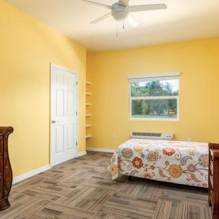 A minimalist bedroom with yellow walls, featuring a single bed and a window, complemented by a ceiling fan and carpeted flooring.