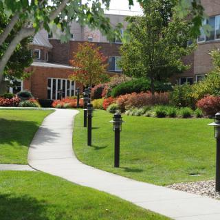 A landscaped garden with a winding pathway leading to a brick building.
