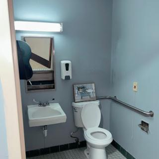 A simple public restroom featuring a toilet, sink, and mirror with accessibility support.