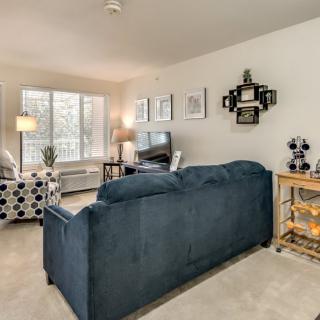 A cozy living room with a blue sofa facing a television, featuring elegant decor and ample natural light.