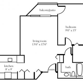 Floor plan of an apartment showing the layout of rooms including a living room, bedroom, kitchen, and bathroom.