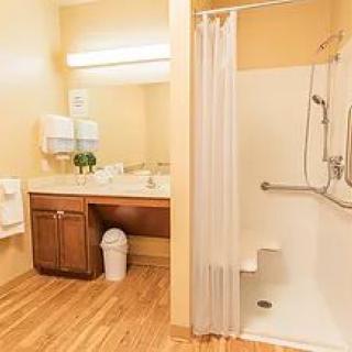 A well-lit bathroom with a shower area featuring accessibility features such as grab bars and a shower seat.