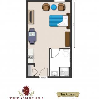 A floor plan of a studio apartment with designated areas for sleeping, sitting, and dining.