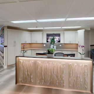A stylish and modern office reception area with elegant design elements.