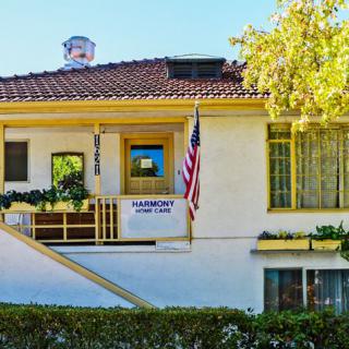A two-story house with yellow trim and an American flag displayed, surrounded by trees and bushes.