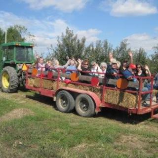 A group of people enjoying a hayride on a farm under a sunny sky.