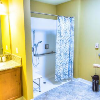 A modern bathroom featuring an accessible shower with a patterned curtain and grab bar.