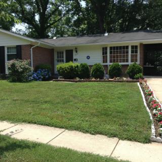A suburban house with a well-maintained lawn and garden.