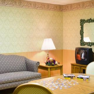 A vintage-style living room with patterned wallpaper, a sofa, a table with books and puzzles, and an old-fashioned television set.