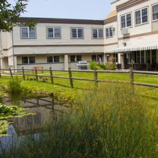 A peaceful garden with a pond and wooden fence in front of a modern building.