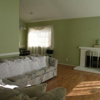 A cozy living room with green walls, featuring a fireplace, sofas, and wooden flooring.