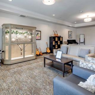 A cozy living room with sofas, guitars, and a decorative shelf.