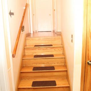 A wooden staircase with safety strips and a handrail in a well-lit hallway.
