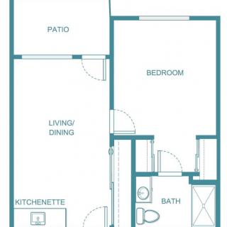 Floor plan of a one-bedroom apartment with a living/dining area, kitchenette, bathroom, and patio.