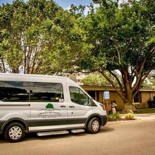 A white van parked under a large tree near a building.
