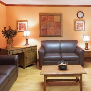 A cozy living room with leather sofas, wooden furniture, warm lighting, and decorative wall art.