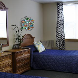 A cozy bedroom with two blue-covered beds and wooden furniture.