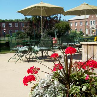 A sunny patio with tables and chairs under umbrellas, surrounded by vibrant flowers.