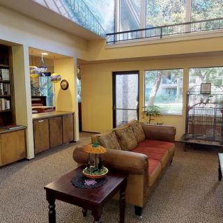 A cozy living room with a sofa, coffee table, bookshelf, and large windows.