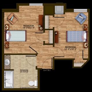 A floor plan of a two-bedroom apartment with marked areas for living spaces and bathroom.