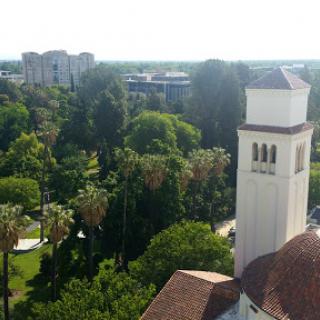A view of a cityscape featuring lush greenery and an architectural structure.