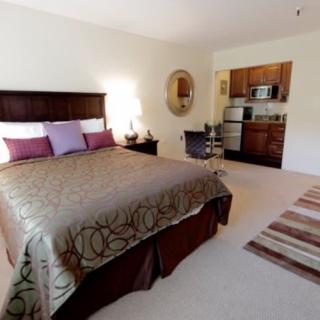 A cozy bedroom with an adjoining kitchenette, featuring a large bed and decorative elements like a mirror and lamp.