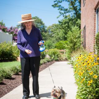A woman wearing a hat walks her dog on a sunny day along a flower-lined sidewalk.
