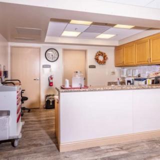 A view of a reception desk in a healthcare facility.
