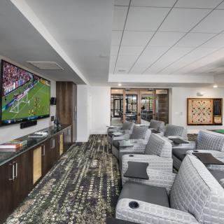 A luxurious sports suite featuring comfortable seating and a large television for an immersive viewing experience.