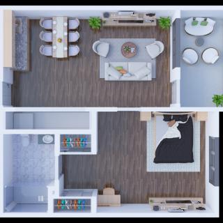 A modern apartment floor plan featuring a living room, dining area, and bedroom with contemporary furniture.