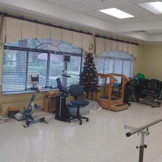 A physical therapy room equipped with exercise machines and a decorated Christmas tree.
