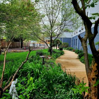 A serene garden path winds through lush greenery and trees, near a building.