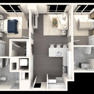A 3D rendered floor plan of a modern apartment featuring two bedrooms, a kitchen, and living area.