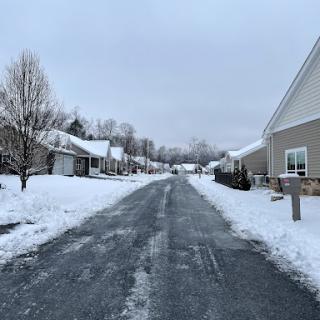 A quiet neighborhood street covered in fresh snow on a chilly winter day.