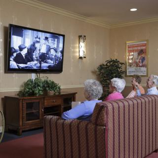 A group of seniors watching television in a comfortable living room setting.