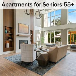 A stylish and spacious living room in a senior apartment complex for individuals aged 55 and older.
