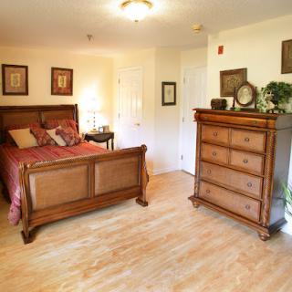 Cozy and elegantly designed bedroom featuring a wooden bed and dresser.