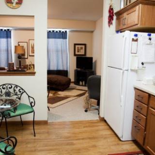 A cozy view of an apartment showcasing a connected kitchen and living area.
