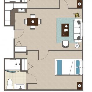 A floor plan of a one-bedroom apartment featuring a kitchen, living room, and bathroom.