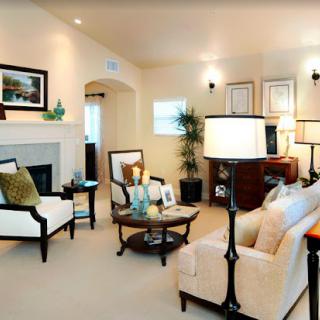 A cozy and modern living room with elegant furniture and warm lighting.